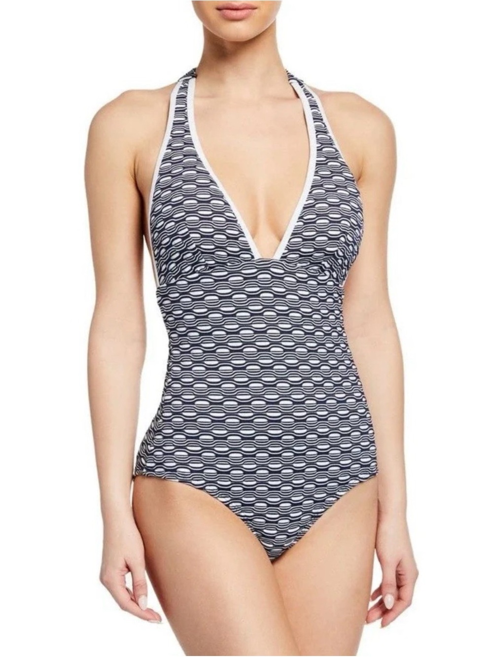 Shoshanna Graphic Wave Jacquard Halter One Piece Swimsuit White Navy Sz 6